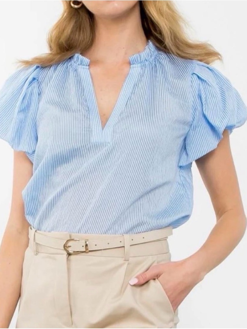 THML Blue and White Pinstripe Ruffle Sleeve Blouse